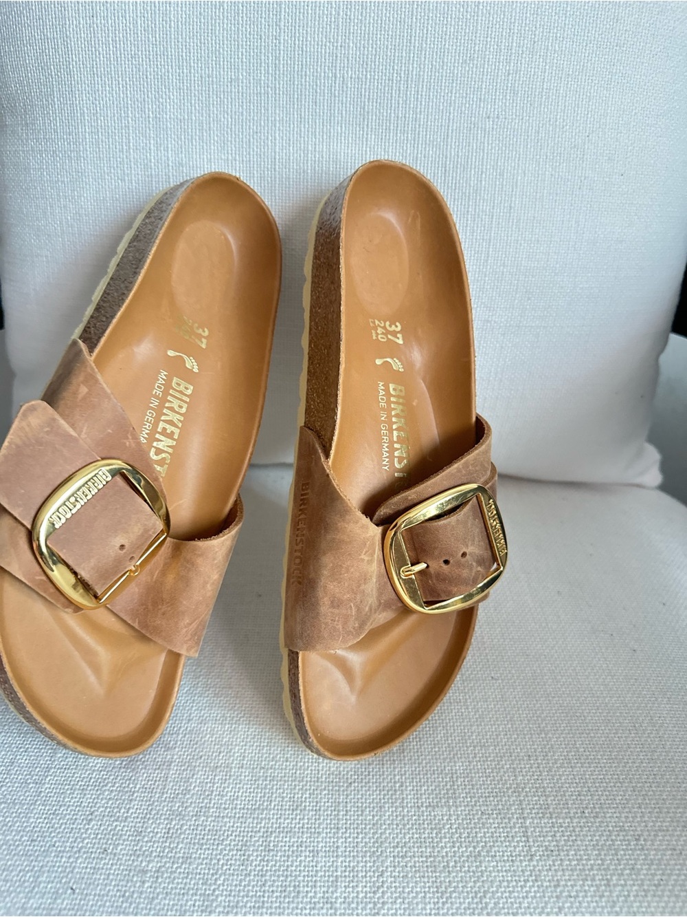 Birkenstock Madrid Slide in Tan with Gold Buckle